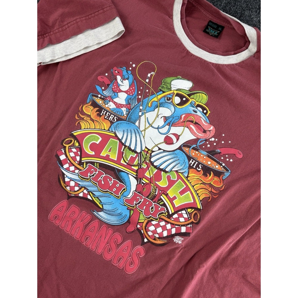Vintage Arkansas Catfish Fish Fry Tee XL USA Graphic Ringer T Shirt 24x30.5